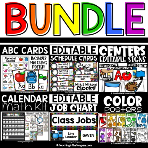 primary classroom posters, calendar, centers, job chart bundle